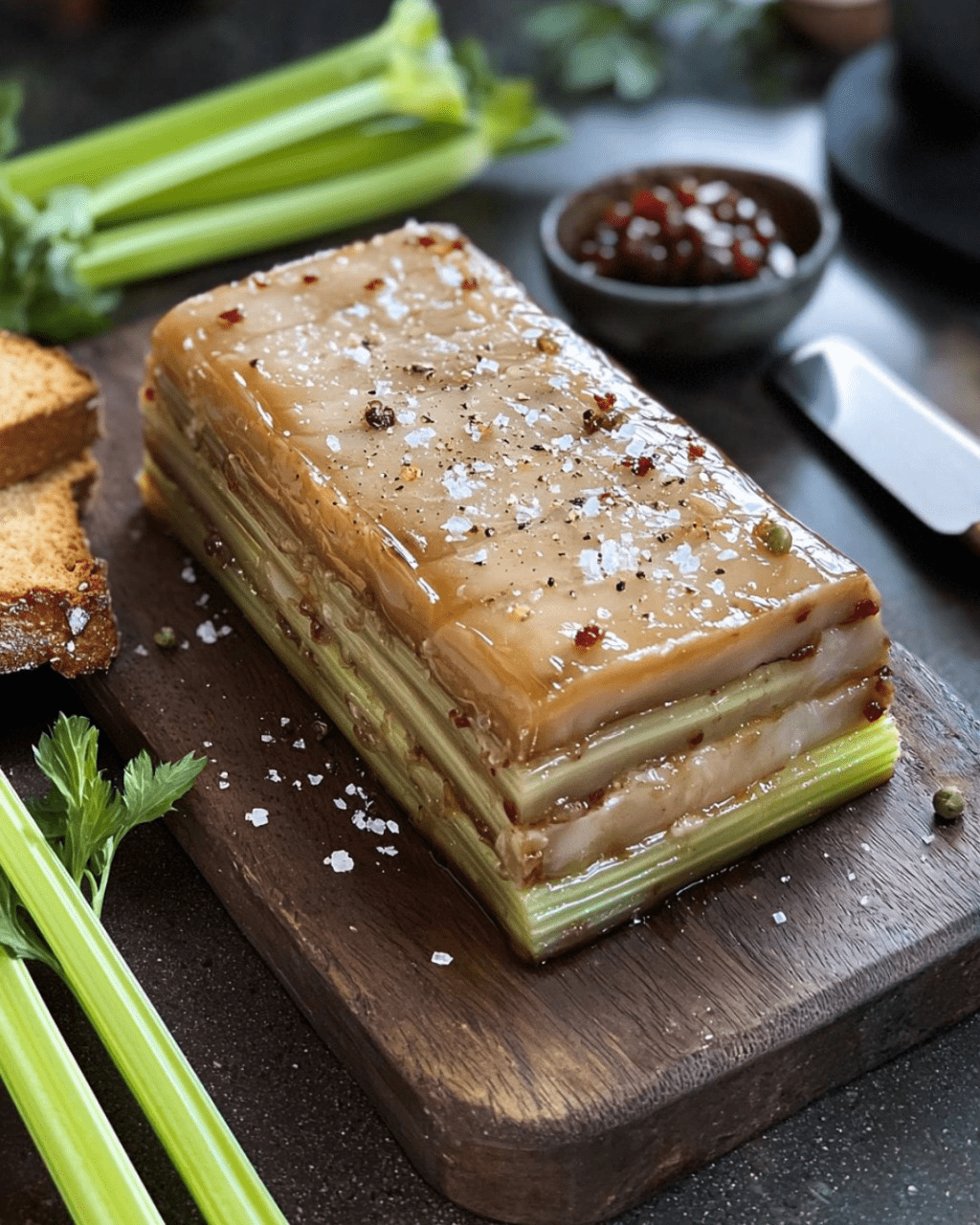 Terrine de foie gras et céleri élégamment servie avec pain grillé et salade.