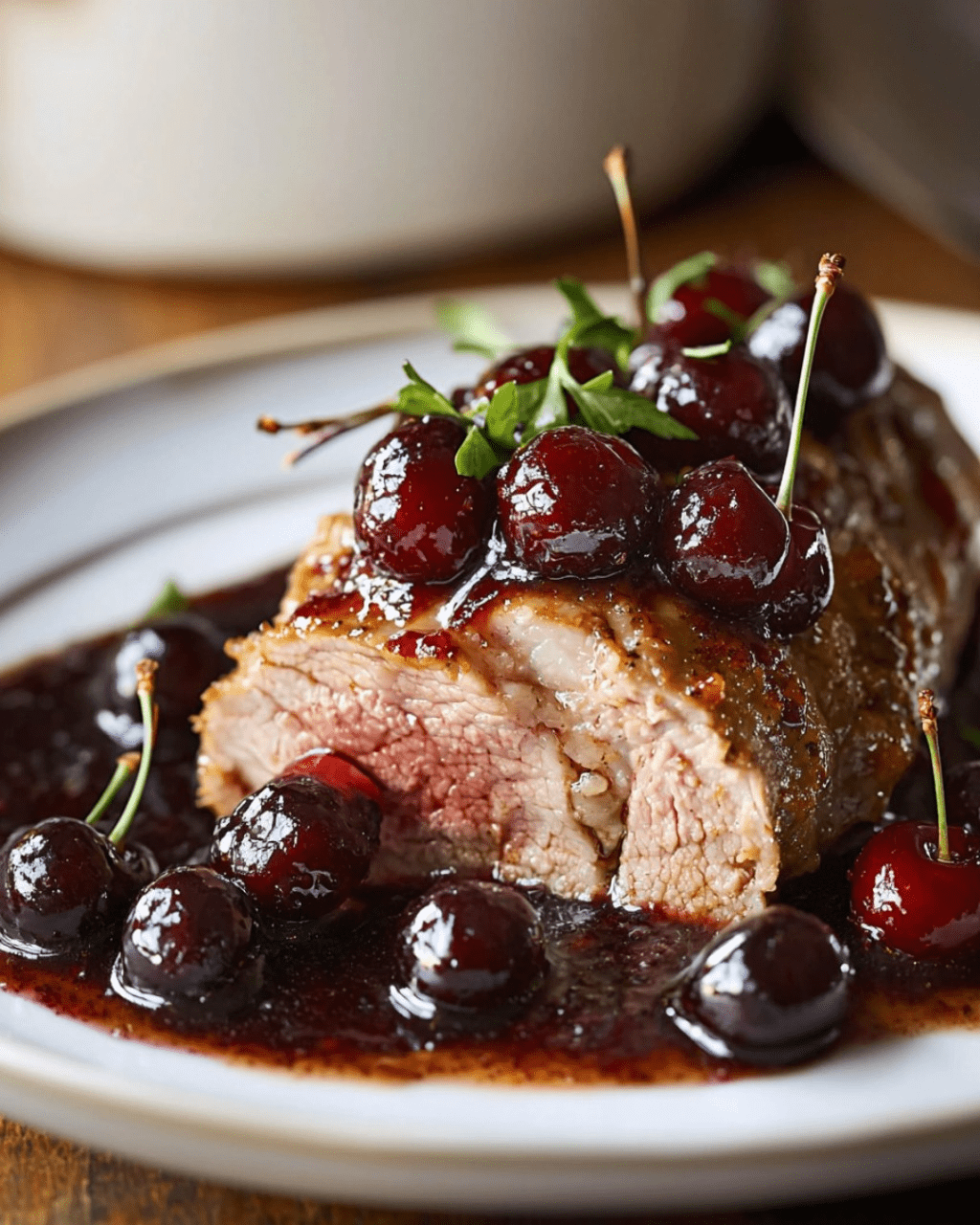 Filet mignon de porc tranché avec une sauce aux cerises brillantes, servi sur un lit de riz sauvage.