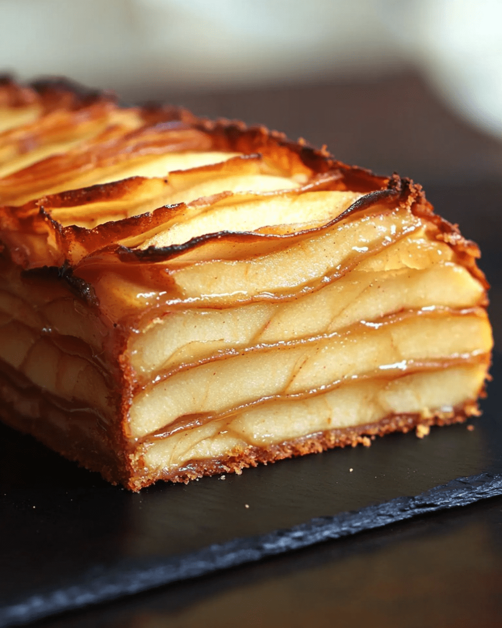 Gâteau Invisible aux Pommes tranché, montrant des couches de pommes délicates et une texture fondante