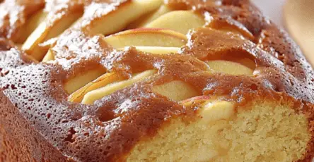 Cake moelleux aux pommes, coupé en tranches, avec des dés de pommes dorés et une texture fondante