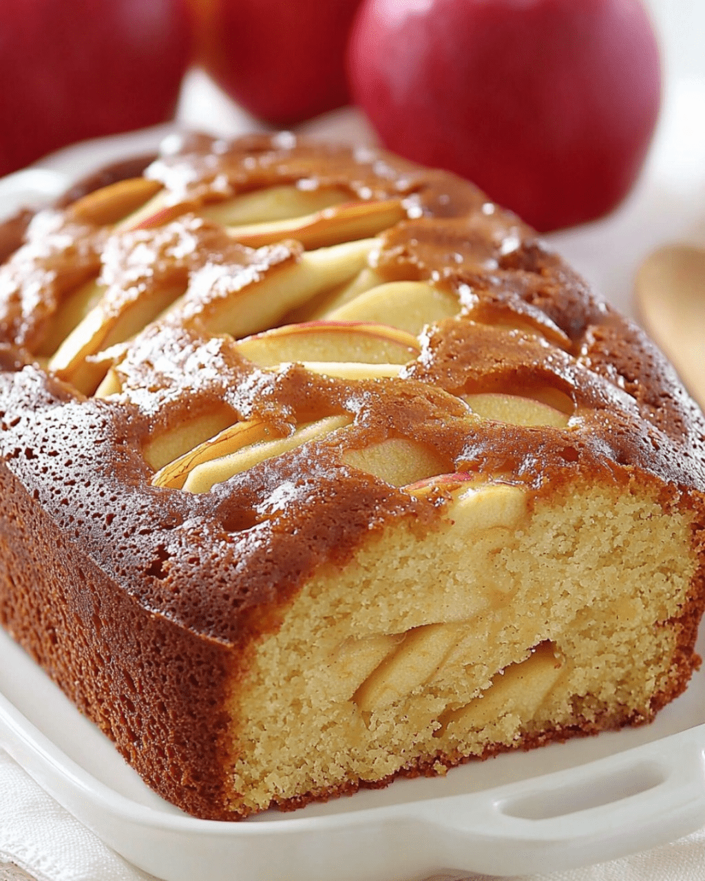 Cake moelleux aux pommes, coupé en tranches, avec des dés de pommes dorés et une texture fondante