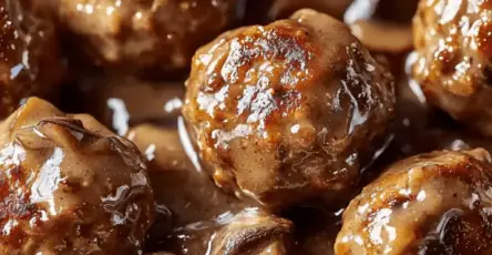 Boulettes juteuses aux champignons avec une sauce crémeuse, servies avec du persil frais.