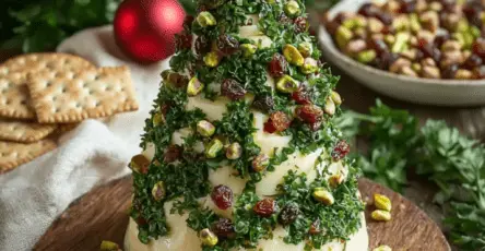 Sapin gourmand au fromage frais, pistaches et herbes décoré de graines de grenade, pignons de pin, et une étoile de pomme