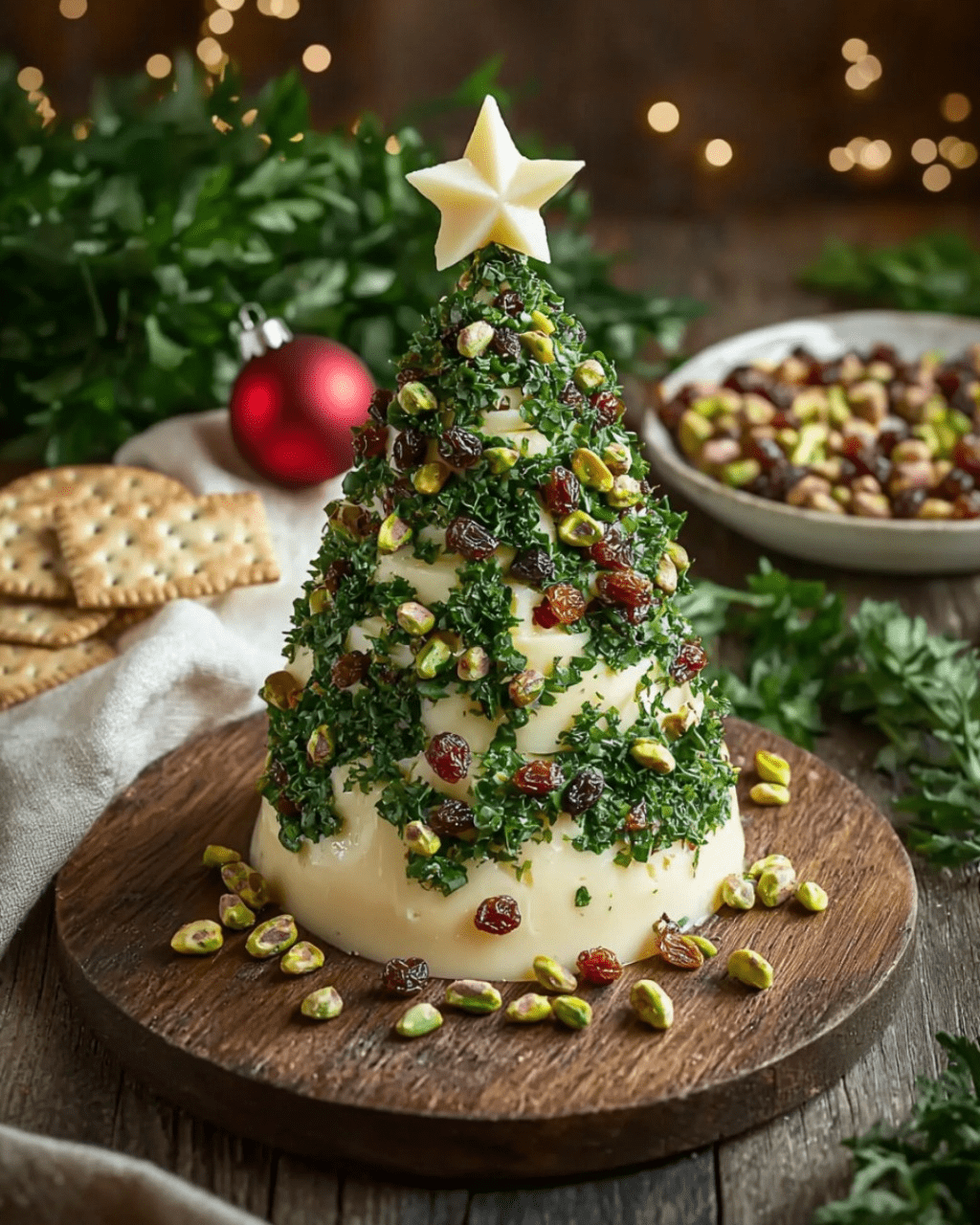 Sapin gourmand au fromage frais, pistaches et herbes décoré de graines de grenade, pignons de pin, et une étoile de pomme