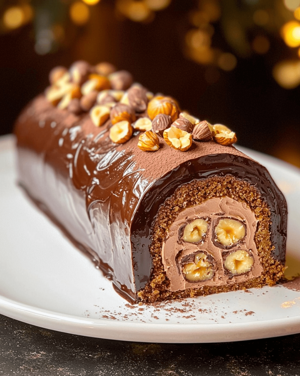 Bûche au chocolat noir, praliné et noisette, avec une coque croquante et une présentation festive parfaite pour les repas de Noël.