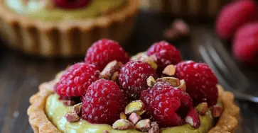 Tartelettes pistache et framboises garnies de pistaches concassées et saupoudrées de sucre glace, présentées sur une assiette élégante.