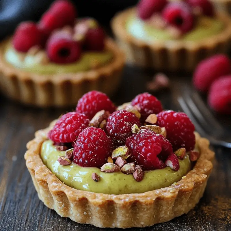 Tartelettes pistache et framboises garnies de pistaches concassées et saupoudrées de sucre glace, présentées sur une assiette élégante.