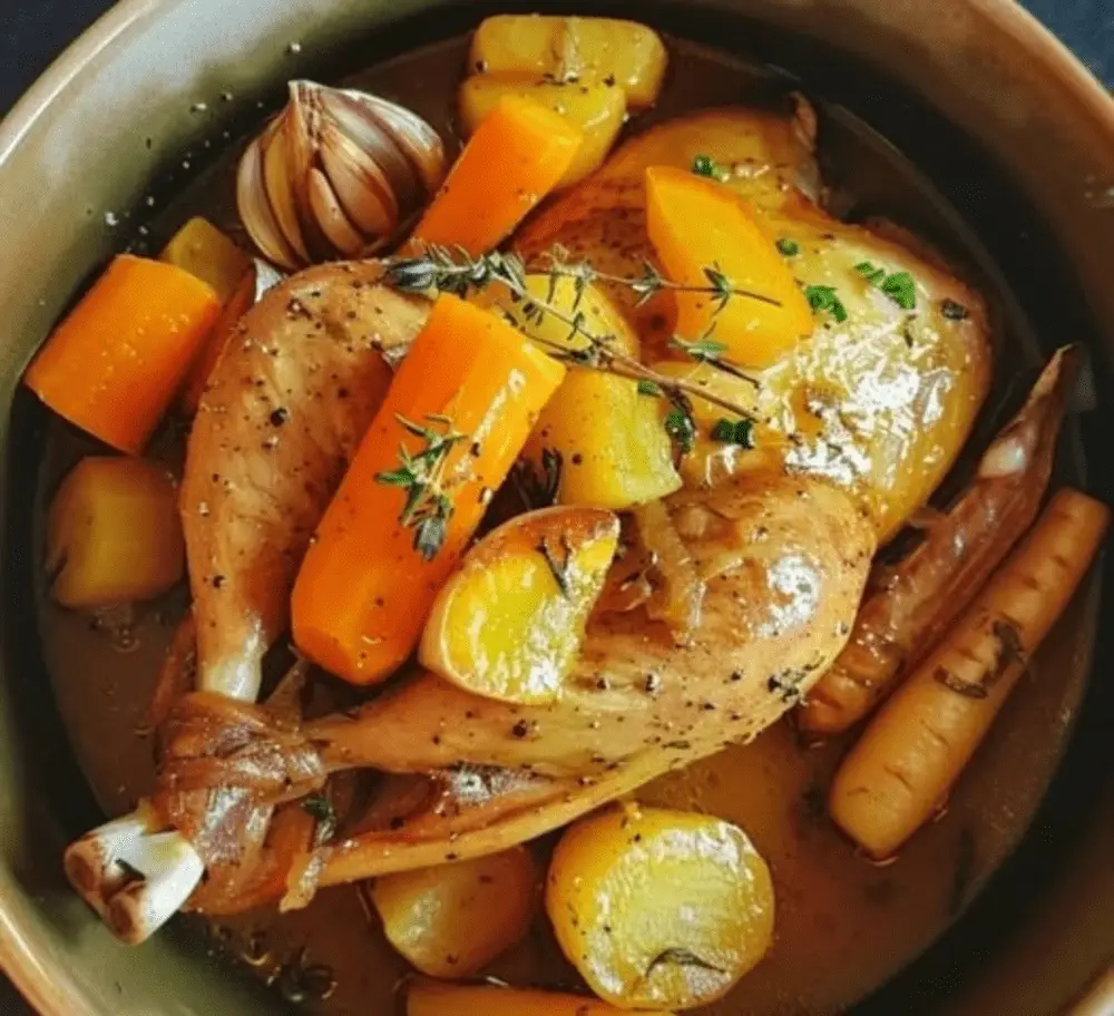 Poule au pot servie avec des légumes colorés et un bol de bouillon clair, sur une table rustique et chaleureuse.