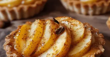 Tartelettes aux pommes caramélisées dorées, garnies d’amandes grillées et badigeonnées de confiture d’abricot, servies sur une assiette élégante.