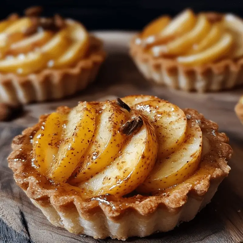 Tartelettes aux pommes caramélisées dorées, garnies d’amandes grillées et badigeonnées de confiture d’abricot, servies sur une assiette élégante.