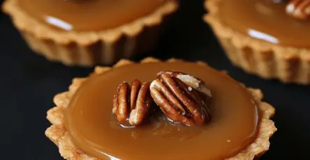 Tartelettes au caramel au beurre salé garnies de noix de pécan torréfiées, présentées sur une assiette élégante.