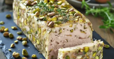 Terrine de poulet et pistaches tranchée, servie avec une salade verte et des cornichons sur une assiette élégante.