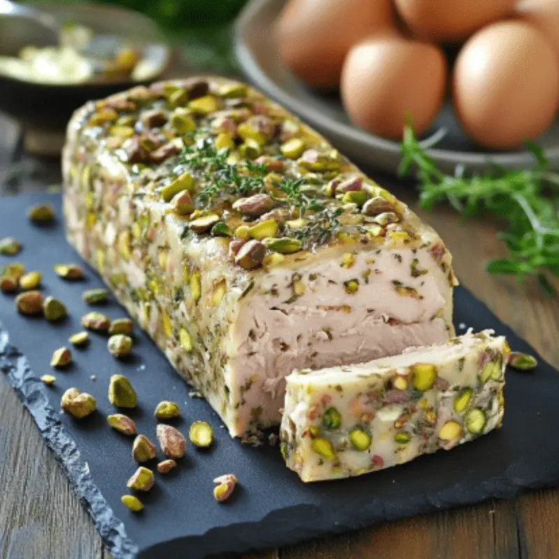 Terrine de poulet et pistaches tranchée, servie avec une salade verte et des cornichons sur une assiette élégante.