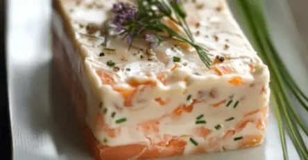 Terrine de poisson au surimi et saumon fumé, tranchée et servie avec une salade verte et une sauce au yaourt citronné.