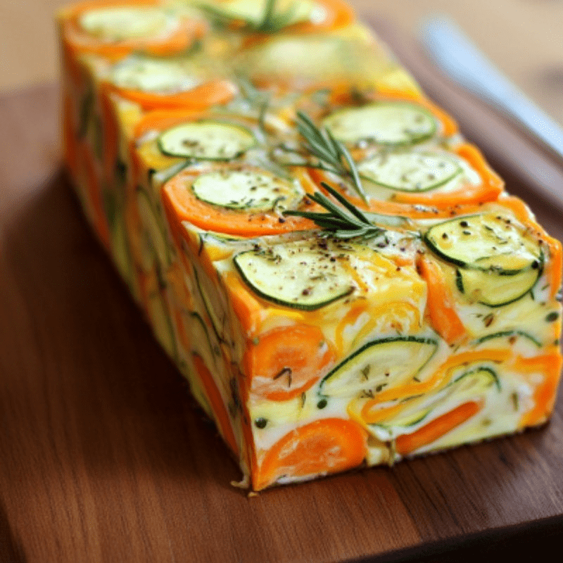 Terrine de légumes colorée, tranchée, révélant des couches de carottes, courgettes et poireaux, servie avec un coulis de tomates.