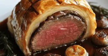 Filet de bœuf Wellington doré avec sauce aux champignons.