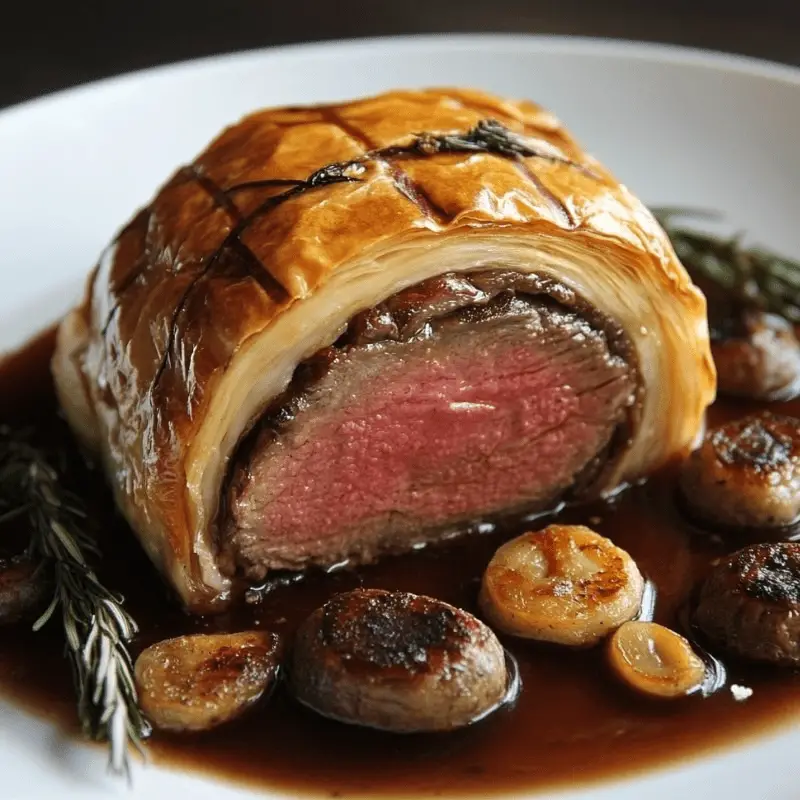 Filet de bœuf Wellington doré avec sauce aux champignons.