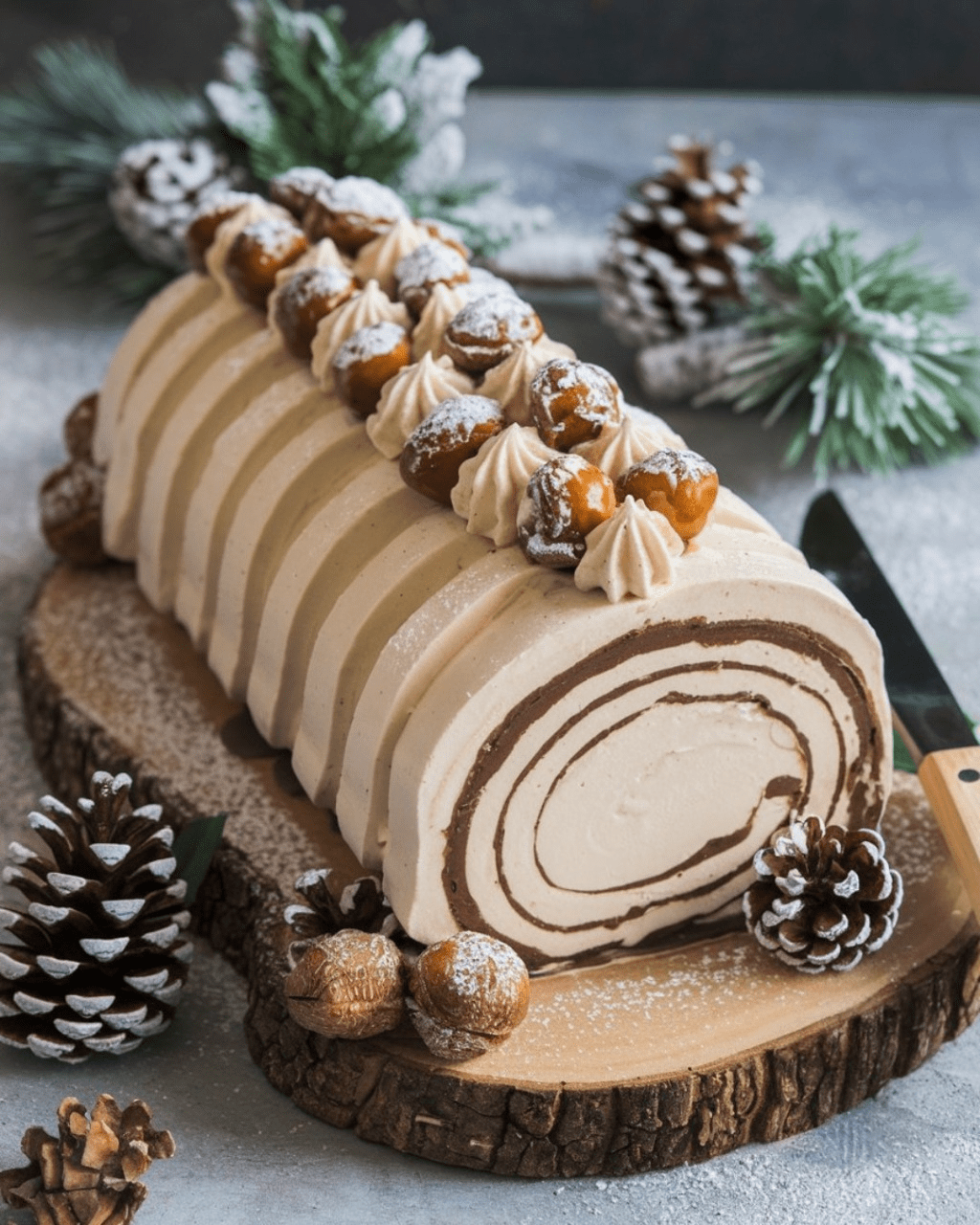 Une bûche glacée aux marrons décorée de marrons glacés, copeaux de chocolat et sucre glace, servie sur une table festive de Noël.