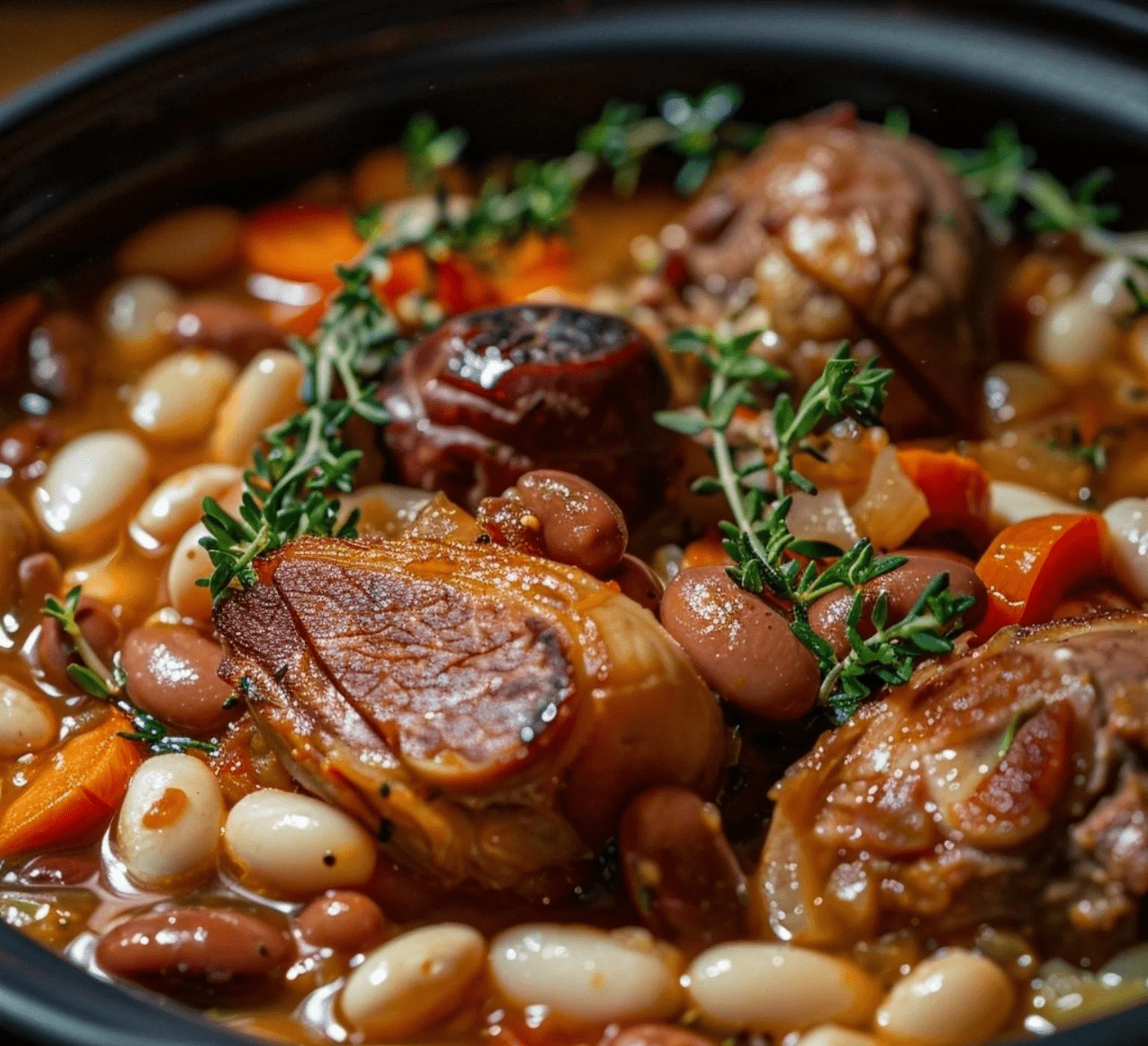 Cassoulet de Castelnaudary servi dans une cocotte en terre cuite