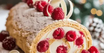 Bûche roulée au mascarpone et framboises décorée avec des framboises fraîches et du sucre glace