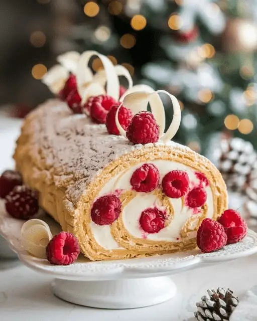 Bûche roulée au mascarpone et framboises décorée avec des framboises fraîches et du sucre glace