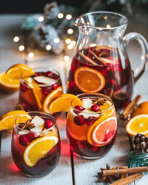 Verres de sangria de Noël sans alcool décorés avec des fruits, épices, et feuilles de menthe.