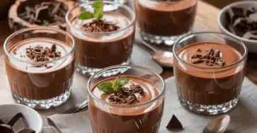 Verrines de mousse au chocolat aérienne décorées de copeaux de chocolat noir et de feuilles de menthe.