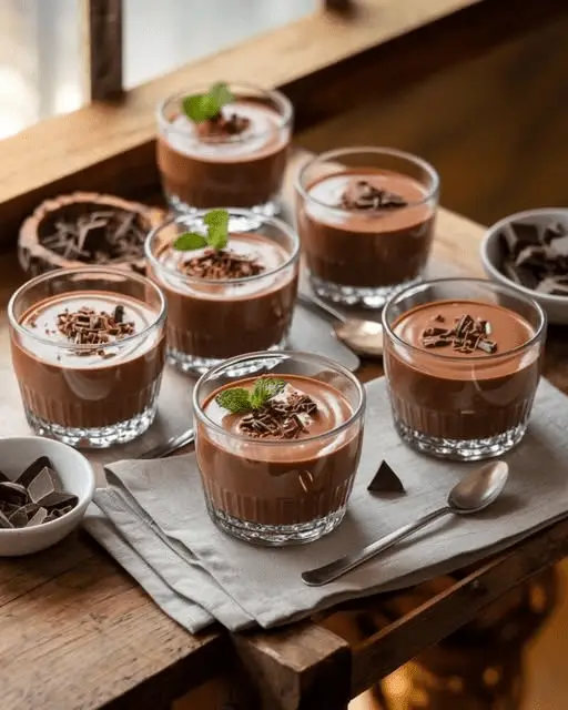 Verrines de mousse au chocolat aérienne décorées de copeaux de chocolat noir et de feuilles de menthe.