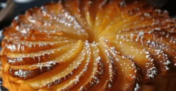 Gâteau fondant aux pommes et mascarpone, saupoudré de sucre glace, avec des tranches de pommes dorées sur le dessus, présenté sur une assiette blanche élégante.