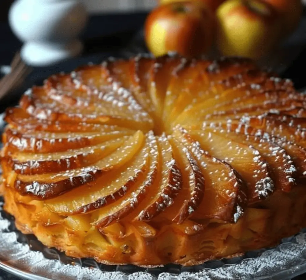 Gâteau fondant aux pommes et mascarpone, saupoudré de sucre glace, avec des tranches de pommes dorées sur le dessus, présenté sur une assiette blanche élégante.