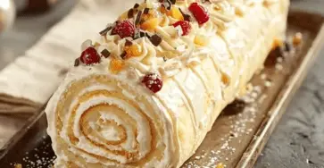 Une bûche au mascarpone et fruits rouges, joliment décorée avec des fruits frais et des copeaux de chocolat, sur une table festive.