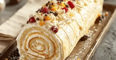 Une bûche au mascarpone et fruits rouges, joliment décorée avec des fruits frais et des copeaux de chocolat, sur une table festive.