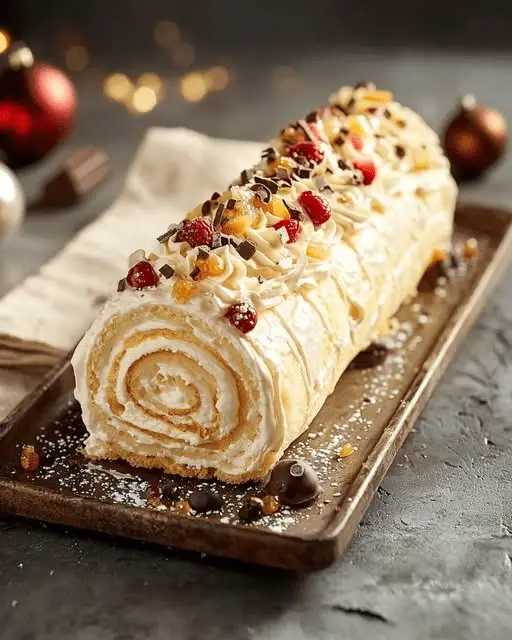 Une bûche au mascarpone et fruits rouges, joliment décorée avec des fruits frais et des copeaux de chocolat, sur une table festive.