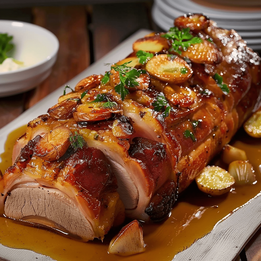 Une cuisse de porc juteuse et dorée, accompagnée de tranches d’ananas grillées et d’oignons caramélisés, prête à être servie.