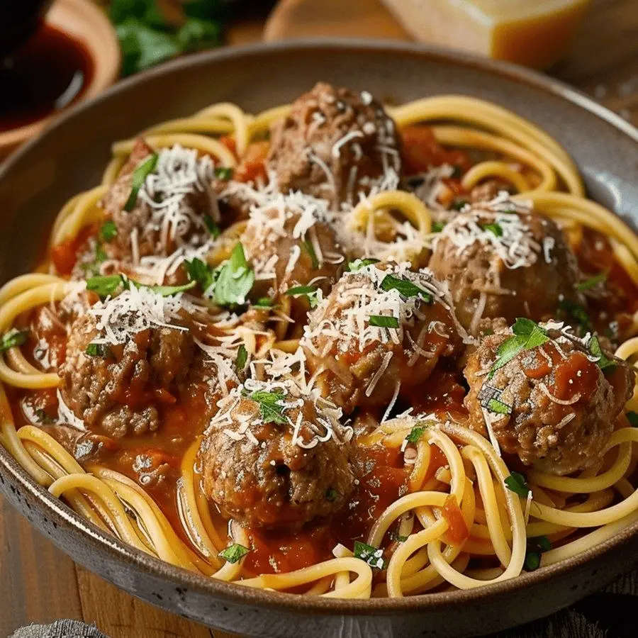 Un plat appétissant de spaghettis, nappé de sauce tomate riche et garni de boulettes de viande dorées, parsemé de parmesan frais.