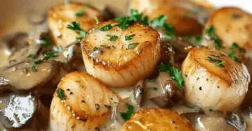 Une assiette élégante de blanquette de Saint-Jacques, nappée de sauce crémeuse aux champignons, garnie de persil frais et accompagnée de riz blanc.