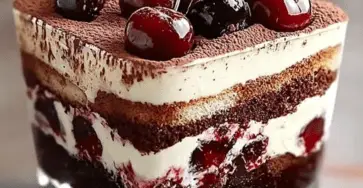 Un élégant tiramisu Forêt-Noire, en couches alternées de biscuits imbibés, crème mascarpone, cerises et chocolat râpé, garni de cerises fraîches et copeaux de chocolat.