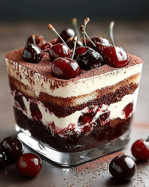 Un élégant tiramisu Forêt-Noire, en couches alternées de biscuits imbibés, crème mascarpone, cerises et chocolat râpé, garni de cerises fraîches et copeaux de chocolat.