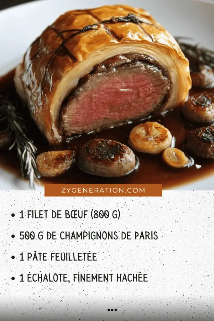 Filet de bœuf Wellington doré avec sauce aux champignons.