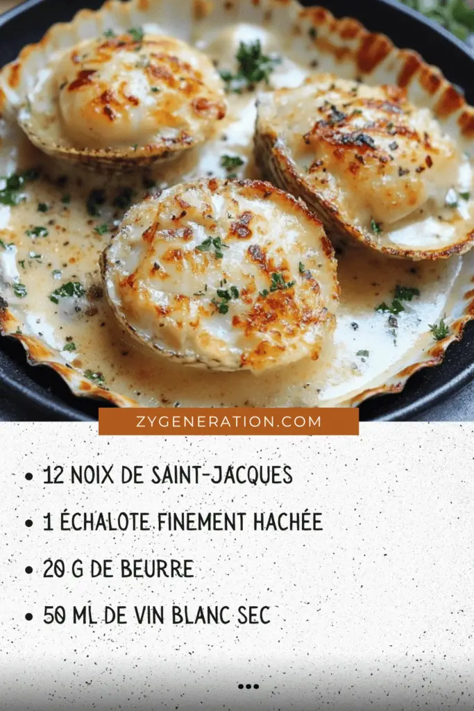 Coquilles Saint-Jacques gratinées dorées et servies en entrée festive.