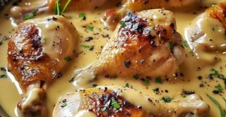 Cuisses de poulet à l'ail crémeux servies avec des herbes fraîches et une sauce onctueuse.