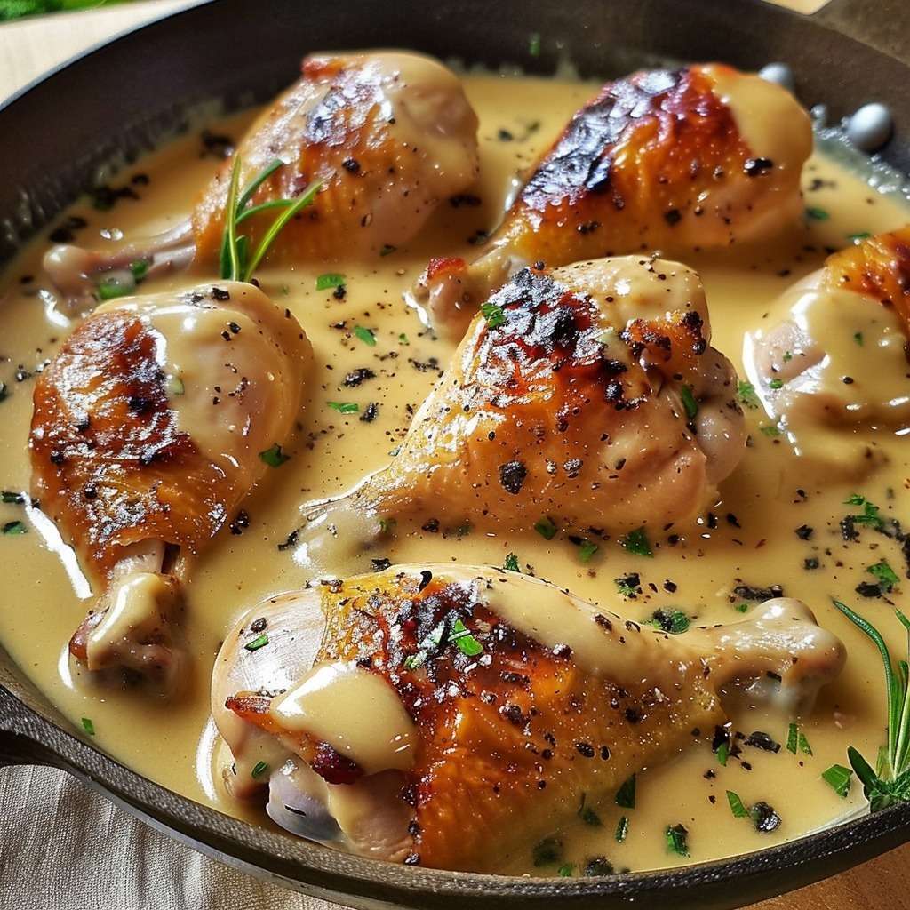 Cuisses de poulet à l'ail crémeux servies avec des herbes fraîches et une sauce onctueuse.