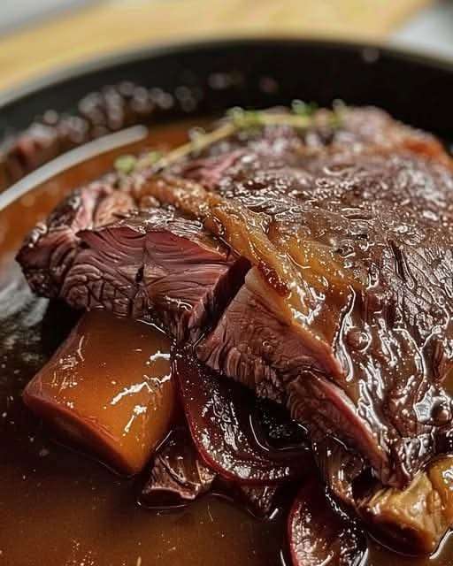 Joue de bœuf tendre mijotée au cidre, servie avec des légumes fondants et parsemée de persil frais dans une cocotte en fonte.