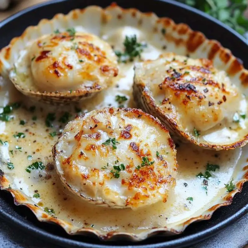 Coquilles Saint-Jacques gratinées dorées et servies en entrée festive.