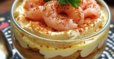 Tiramisu aux crevettes roses présenté en verrines avec une garniture de paprika et ciboulette