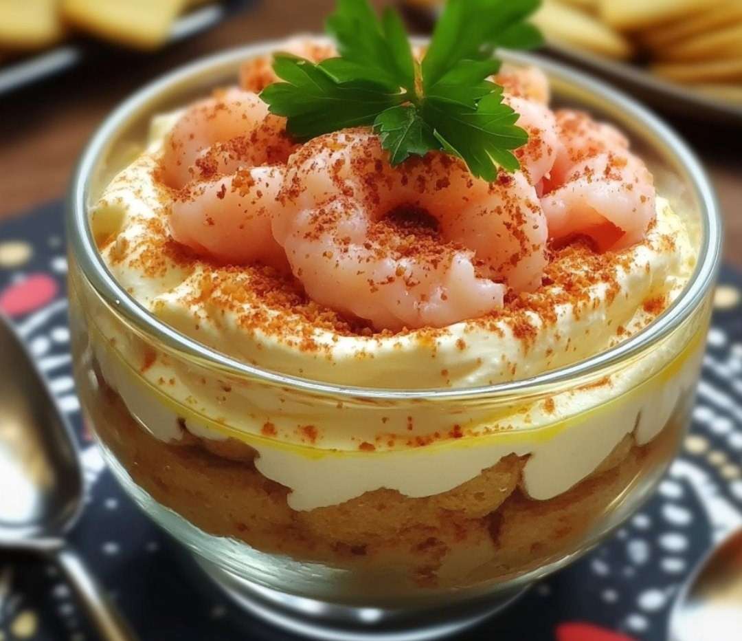 Tiramisu aux crevettes roses présenté en verrines avec une garniture de paprika et ciboulette