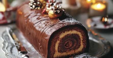 Recette de la bûche de Noël au chocolat prête à être dégustée