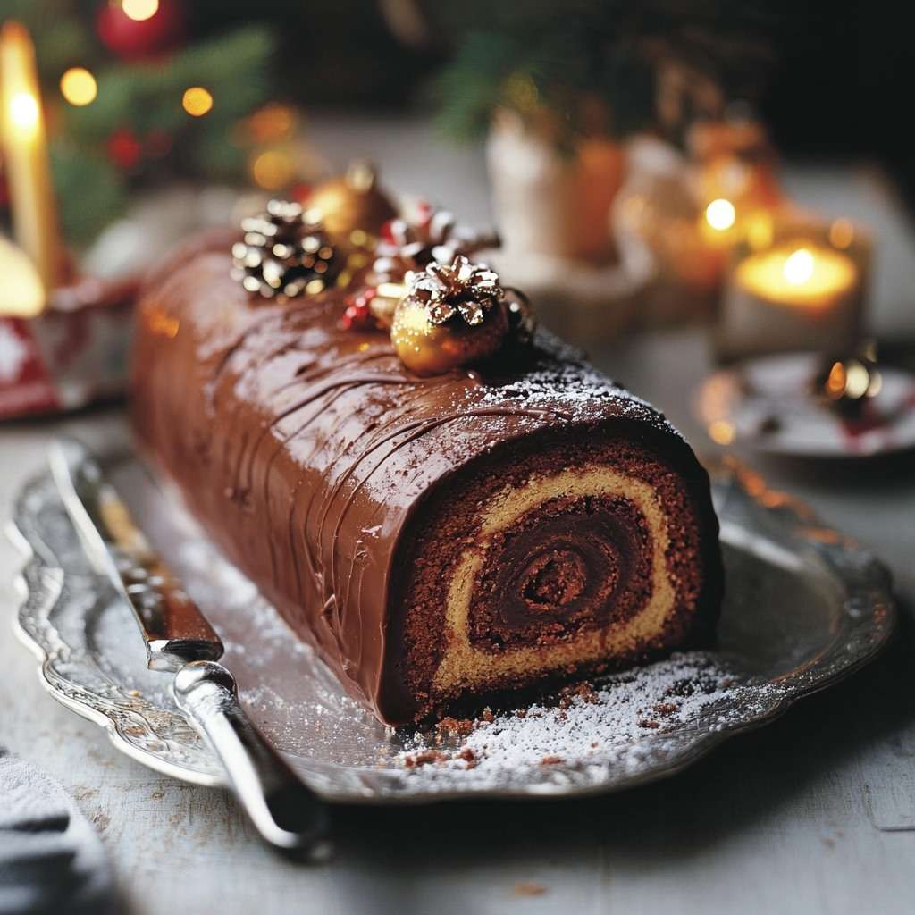 Recette de la bûche de Noël au chocolat prête à être dégustée