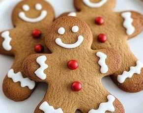 Biscuits bonshommes de Noël en pain d’épices décorés avec du glaçage blanc et des perles de sucre.