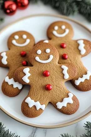 Biscuits bonshommes de Noël en pain d’épices décorés avec du glaçage blanc et des perles de sucre.